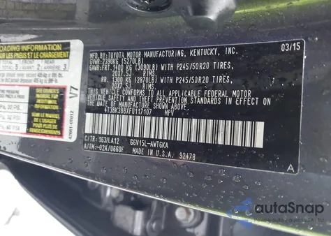 2015 Toyota Venza Limited V6 из США, поврежденный, VIN 4T3BK3BBXFU117107